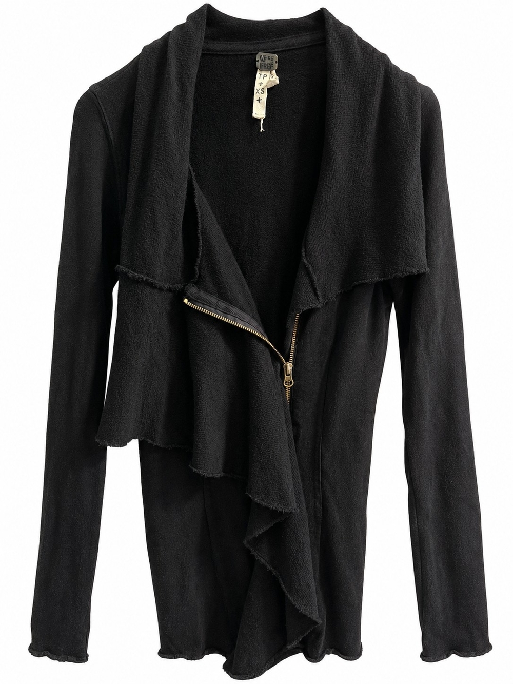 Free People Black Distressed Size XSmall Draped Zip-Front Cardigan